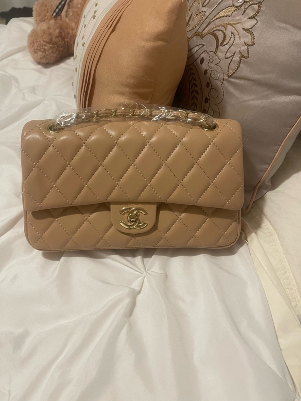 Quilted Lambskin Shoulder Bag in Nude Tan with Gold Hardware